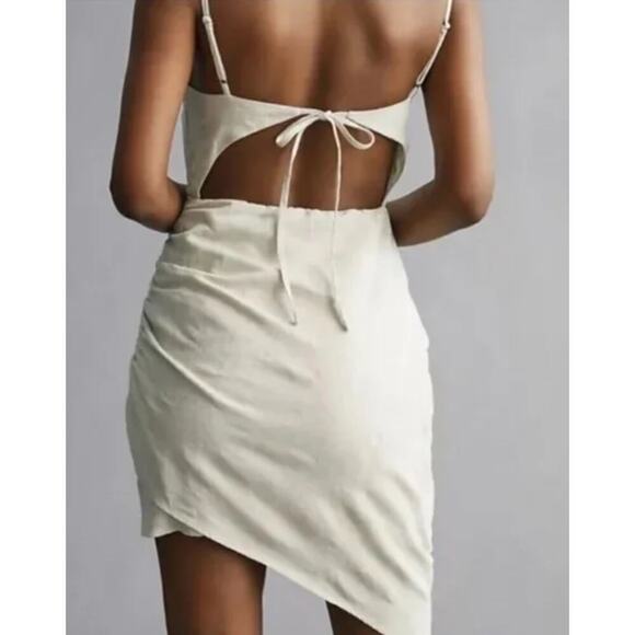 Anthropologie Flat White Linen Cotton Asymmetrical Mini Dress Beige Back Cut Out - Picture 3 of 10